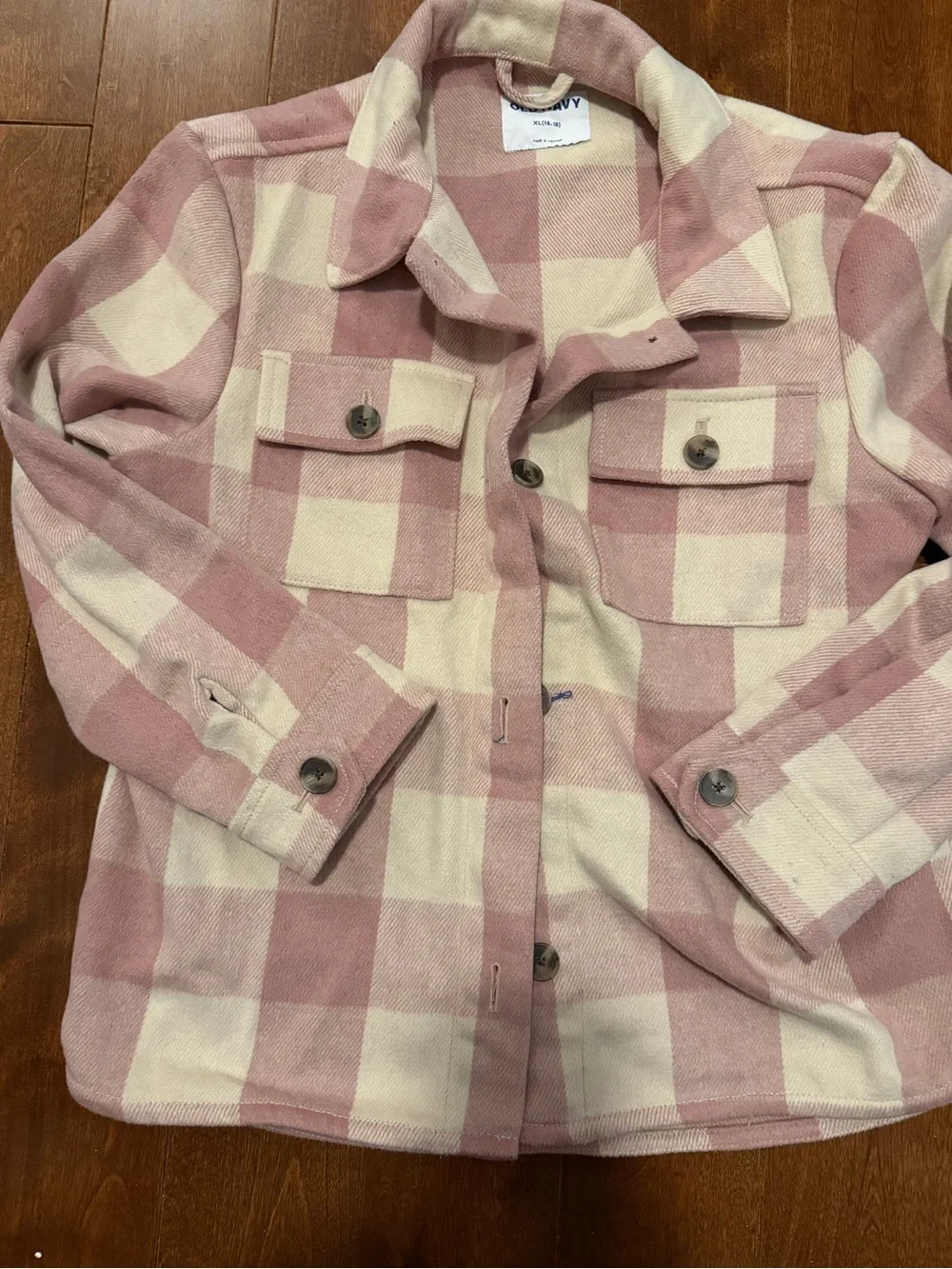 Old Navy Kids Pink and Cream Plaid Button-Up Shirt Jacket- Like New